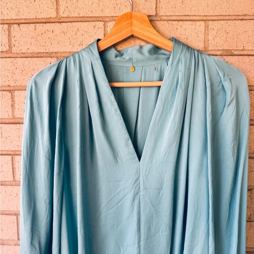 Kobi Halperin Nanee Pleated Silk Longsleeve V Neck Blouse Blue Teal Size Large - Picture 3 of 8
